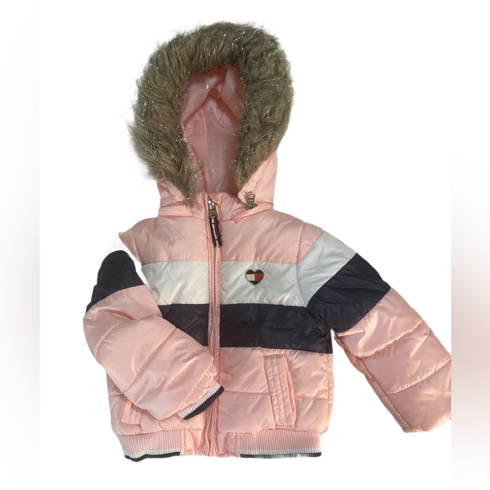 Tommy Hilfiger Toddler‎ Girls Pink Navy Puffer Jacket Faux Fur Trim 18 Months